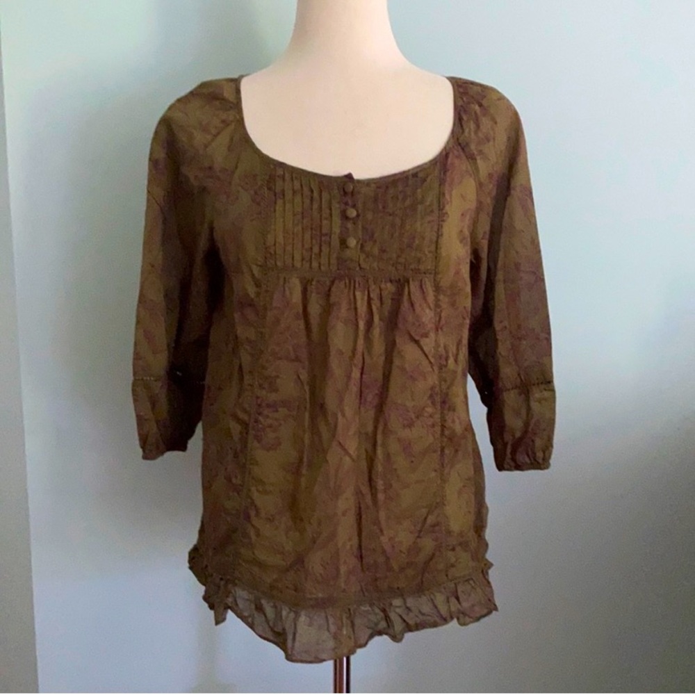 Anthropologie Edme & Estylle Green Floral Toile Blouse